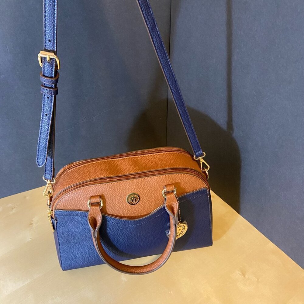 Anne Klein Navy & Cognac Pebbled Satchel with Crossbody Strap